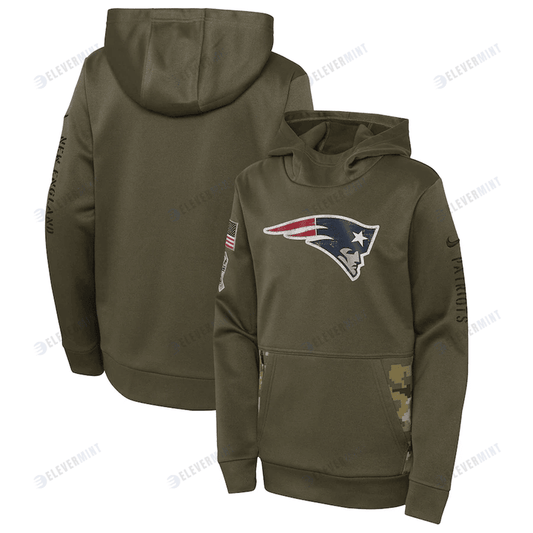 New England Patriots Youth 2022 Salute To Service Performance Pullover Hoodie - Olive