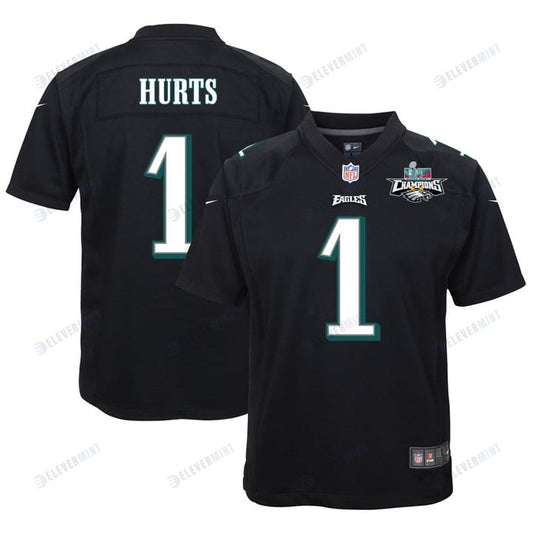 Jalen Hurts 1 Philadelphia Eagles Super Bowl LVII Champions 2 Stars Youth Game Jersey - Black