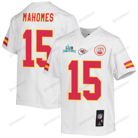 Patrick Mahomes 15 Kansas City Chiefs Super Bowl LVII Champions Youth Game Jersey - White