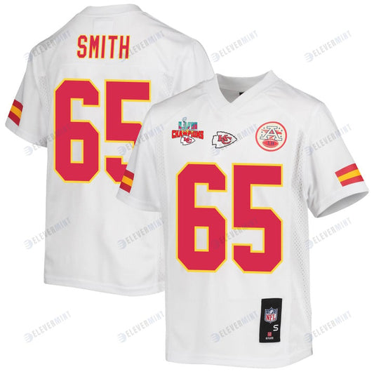 Trey Smith 65 Kansas City Chiefs Super Bowl LVII Champions 3 Stars Youth Game Jersey - White