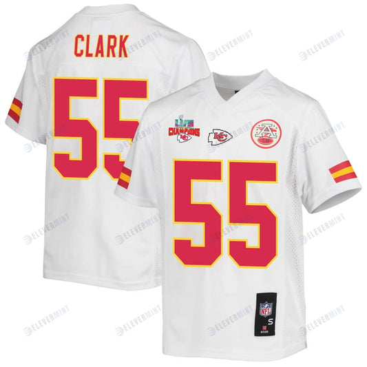 Frank Clark 55 Kansas City Chiefs Super Bowl LVII Champions 3 Stars Youth Game Jersey - White