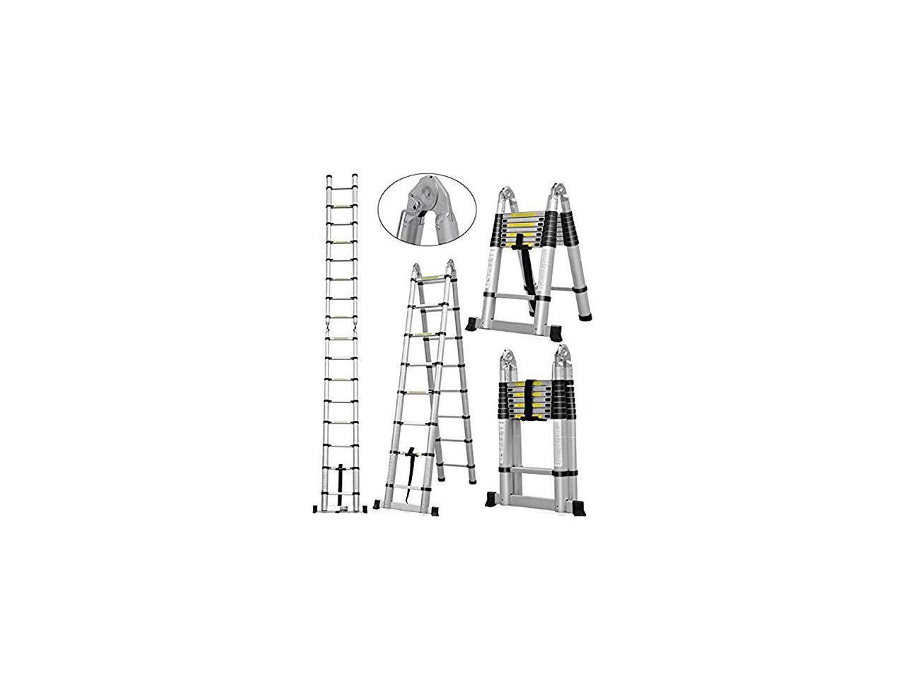 16.5Ft Aluminum Telescoping A-Frame Ladder EN131 Certificated Telescopic Extension Tall Multi Purpose 16 Steps for Family Home Christmas Gift Presents