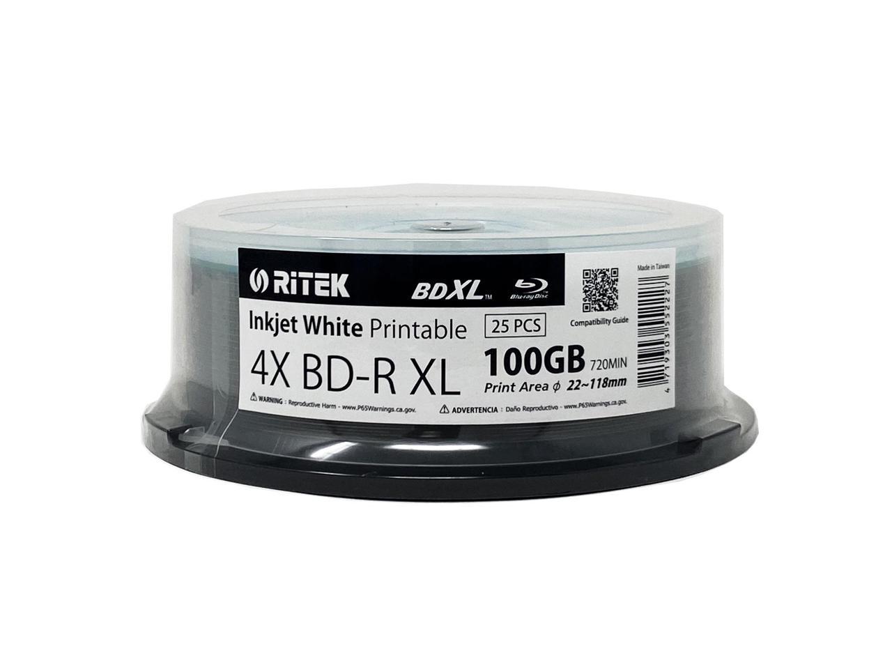 25 Pack Ritek BD-R XL BDXL 100GB Archival Grade Triple Layers 4X White Inkjet Hub Printable Blank Recordable Disc in Spindle