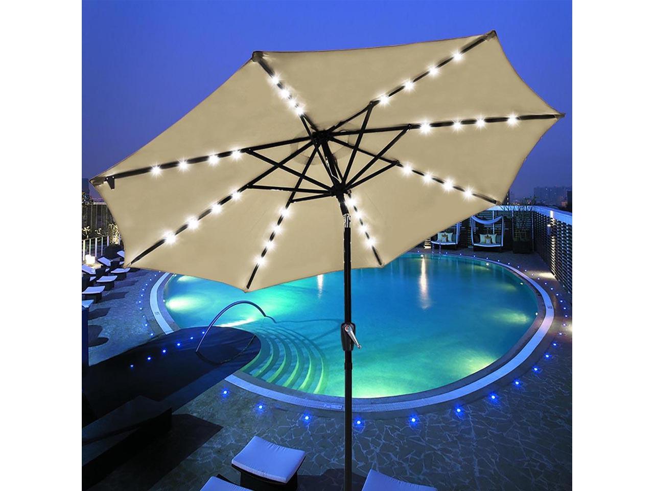 2Pcs 9' Aluminium Solar Patio Umbrella With 32 LEDs Crank Tilt UV30+ Outdoor Deck Beach Cafe Garden