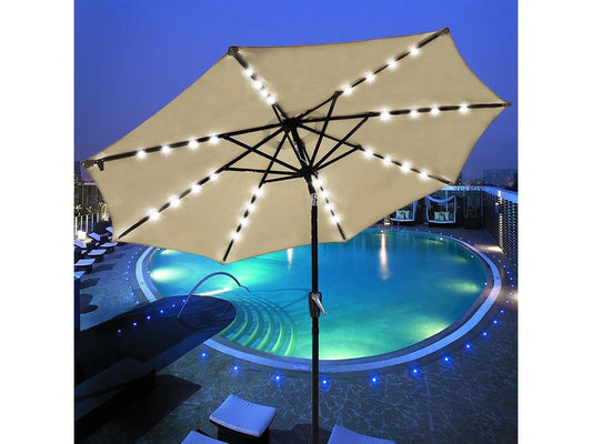 2Pcs 9' Aluminium Solar Patio Umbrella With 32 LEDs Crank Tilt UV30+ Outdoor Deck Beach Cafe Garden