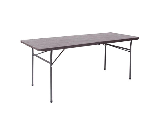 6-Foot Bi-Fold Brown Wood Grain Plastic Folding Table with Carrying Handle