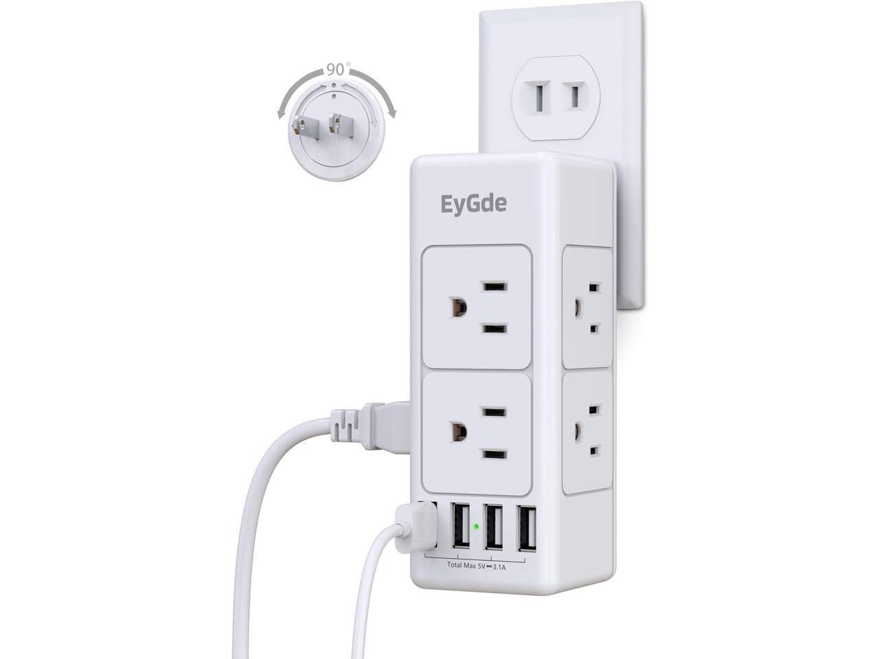 2 Prong Power Strip with Rotating Plug, EyGde Multi Plug Outlet Extender, Multiple Outlet Splitter(3 Sided 6 Sockets) and 4 USB Ports, Wall Adapter Surge Protector (1700J) for Travel, Office, White