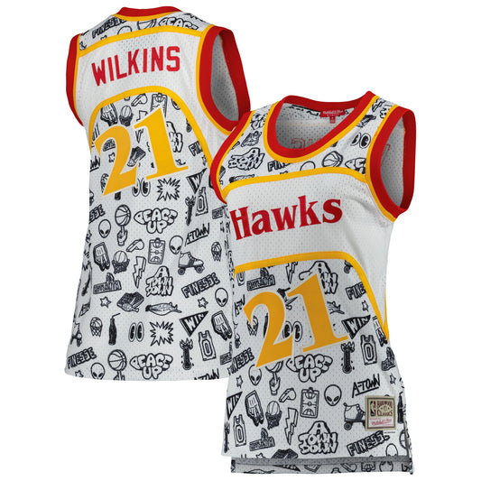 Dominique Wilkins Atlanta Hawks Mitchell & Ness Women's 1986 Doodle Swingman Jersey - White