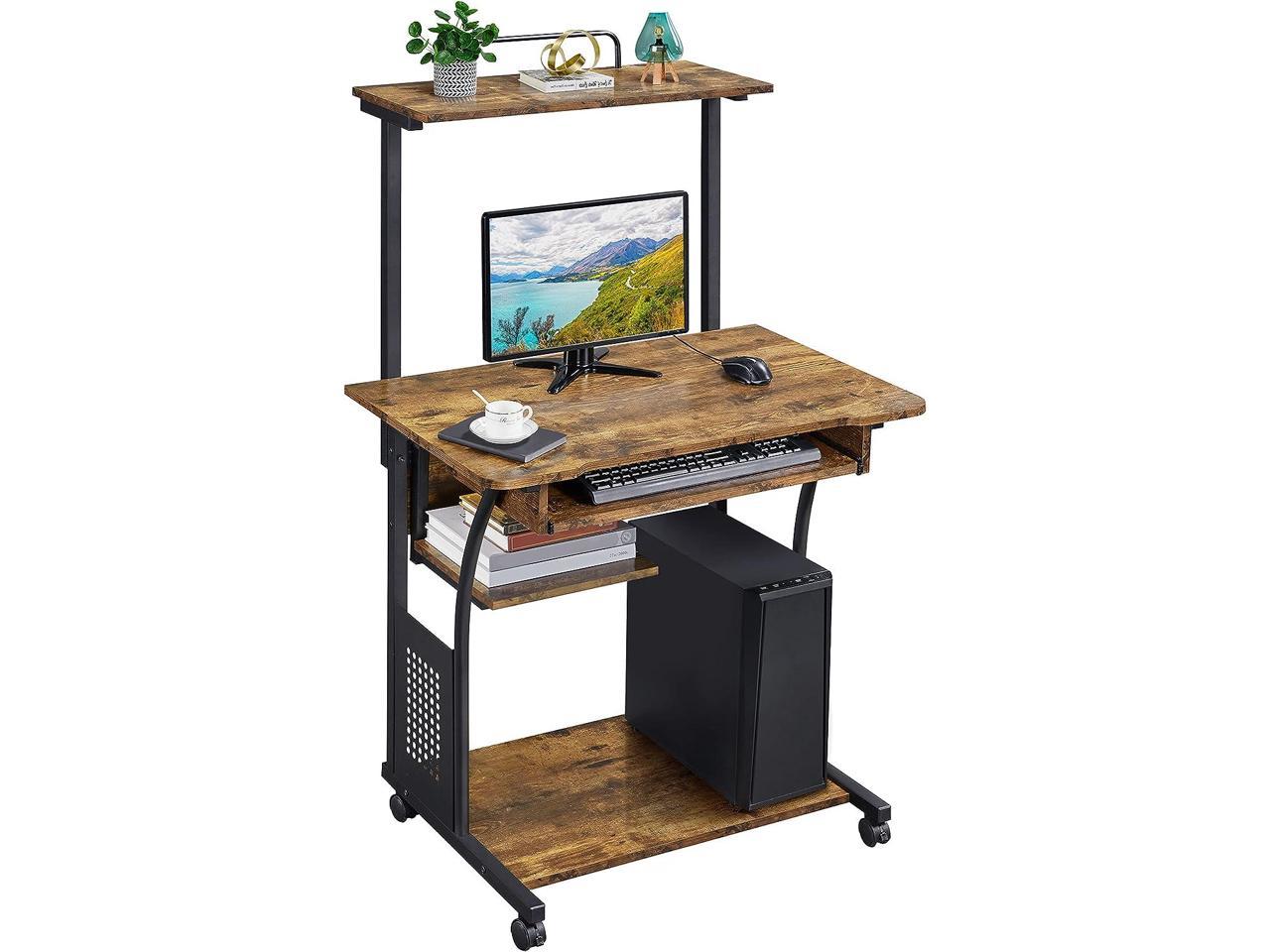 3 Tiers Rolling Computer Desk with Keyboard Tray and Printer Shelf for Home Office, Mobile Computer Desk for Small Space, Retro Computer Table Compact PC Laptop Workstation, Rustic Brown