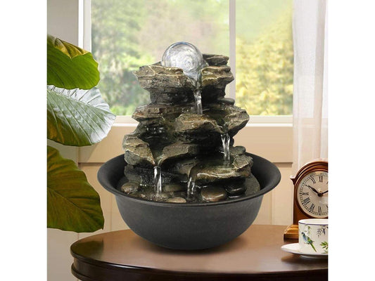 8.3inches Rock Cascading Tabletop Water Fountain with LED Lights & Crystal Ball for Home Office Bedroom Relaxation