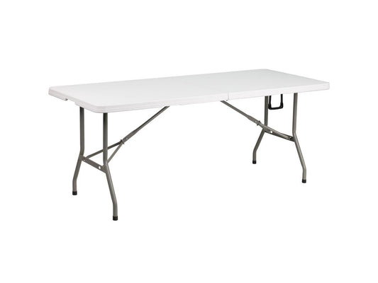 6-Foot Bi-Fold Granite White Plastic Banquet and Event Folding Table with Carrying Handle